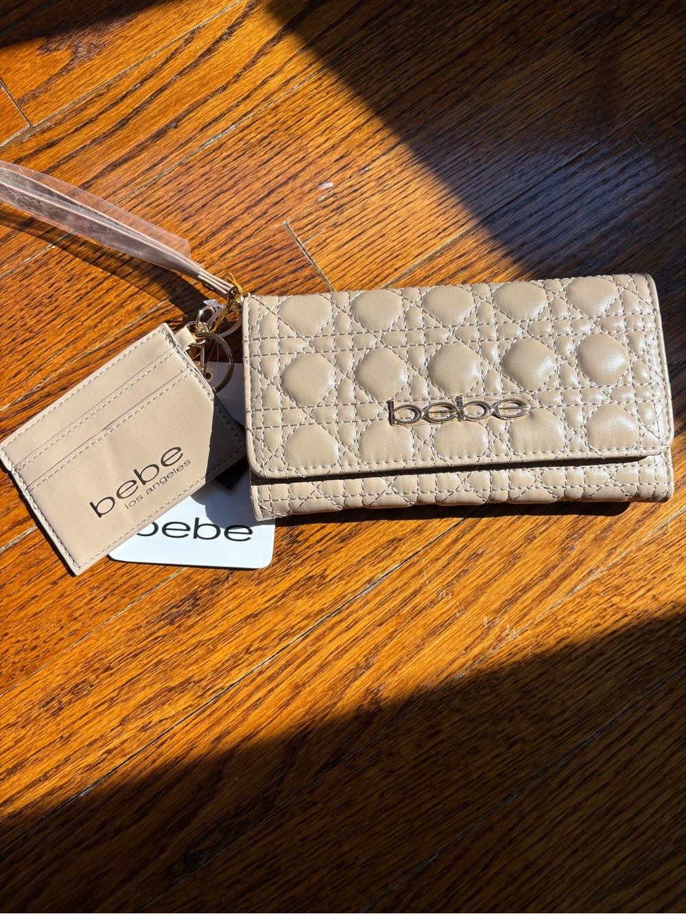 bebe Quilted Taupe Phone Wallet Wristlet with Card Holder